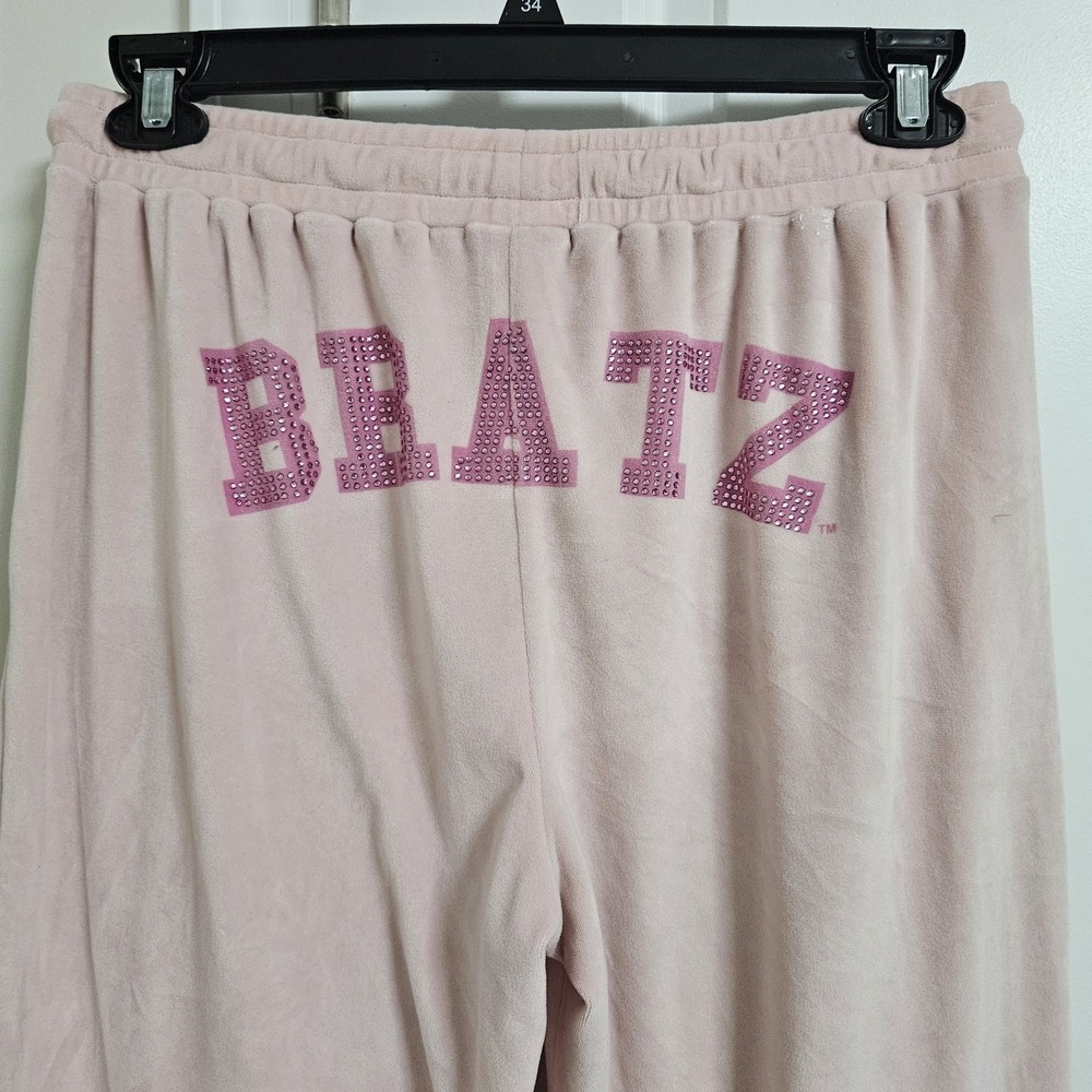 Y2K Bratz Tracksuit Women XL Pink Velour Zip Hoodie Wide Leg Pant Rhinestone VTG